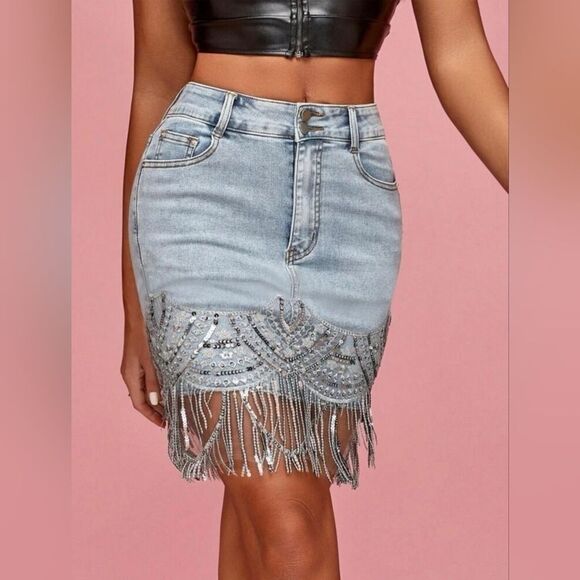 Denim Skirt With Sequin Fringe Size  XS/S - Picture 5 of 7